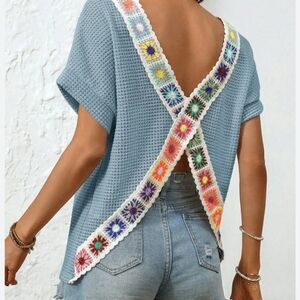 Open-Back Blue Knit Top Crochet Grannycore Square Festival Boho Reversible Med